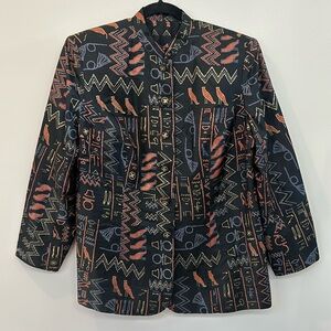Handmade Woman’s Silk Black Tribal Print Button Up Blazer Size L